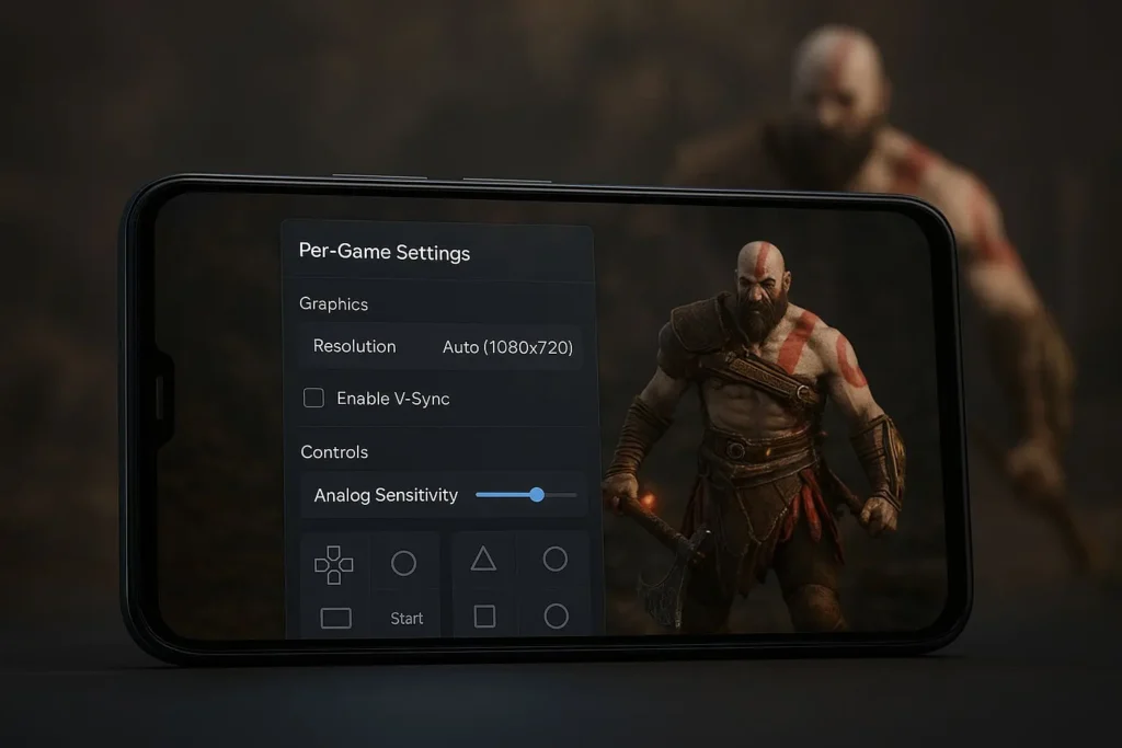 Download AetherSX2 APK for Android – Free PS2 Emulator with BIOS Support (v1.5-4248) 4 AetherSX2 emulator Android showing customizable per-game settings panel overlay