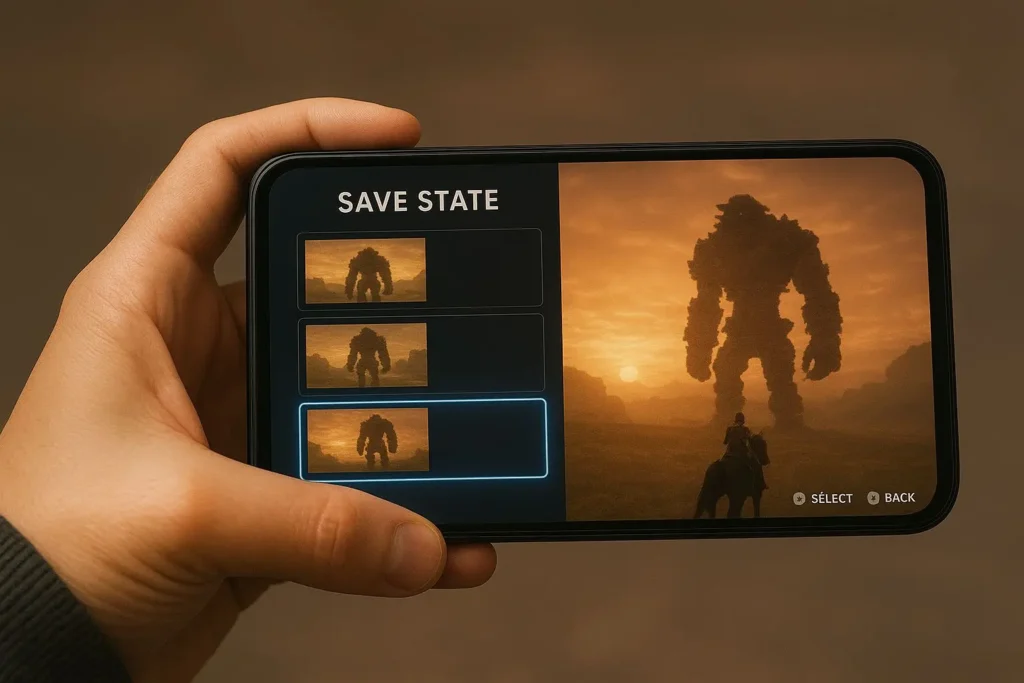 Download AetherSX2 APK for Android – Free PS2 Emulator with BIOS Support (v1.5-4248) 7 AetherSX2 Android app showing save state menu overlay during PS2 gameplay