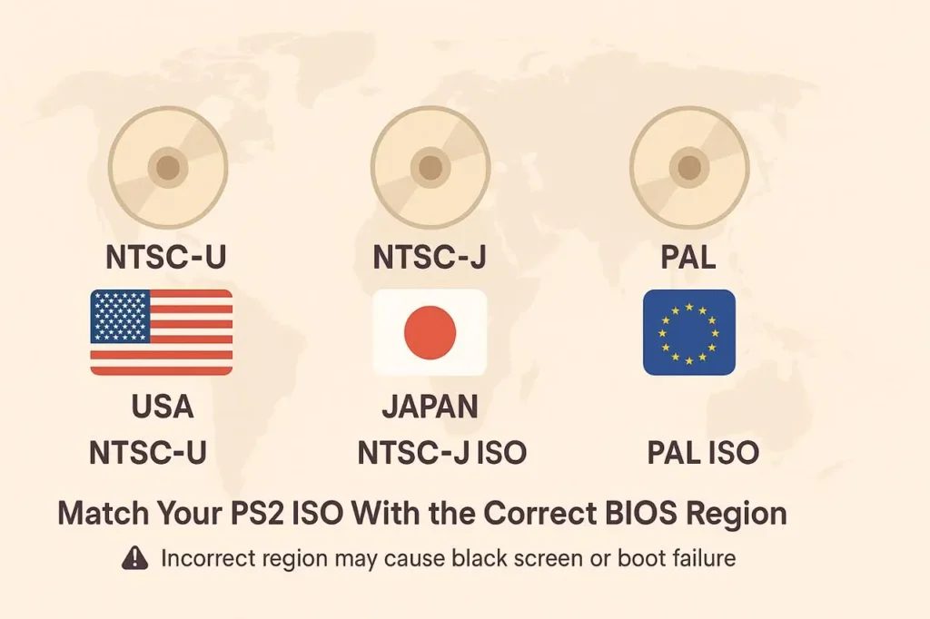 AetherSX2 BIOS 4 AetherSX2 BIOS region compatibility chart for USA, Europe, Japan