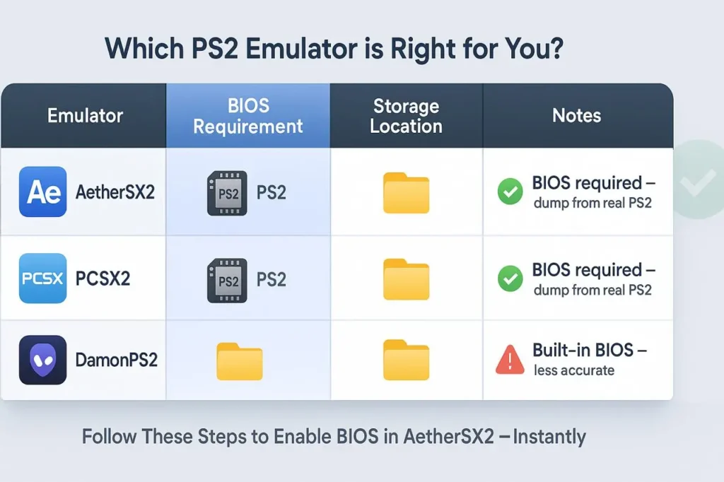 AetherSX2 BIOS 6 AetherSX2 BIOS vs PCSX2 vs DamonPS2 BIOS comparison chart